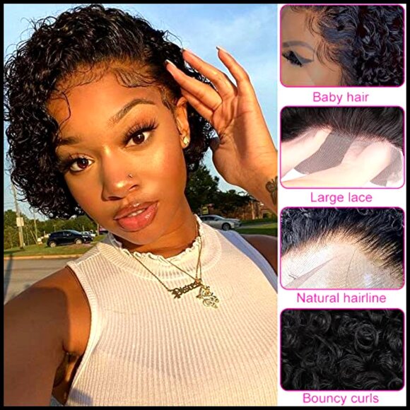 Short Curly Human Hair Lace Front Wig Pre Plucked Pixie Cut Natural main image 5